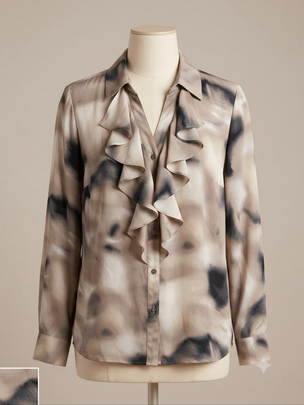 Calvin Klein Ruffle Front Tie-Dye Blouse - Taupe/Black, Size 1X